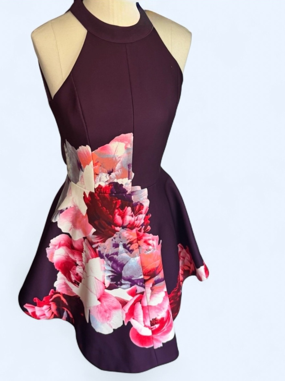 KEEPSAKE the Label plum halter mini dress with pink floral print fit and flare